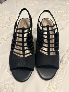 East 5th Black Strappy Caged Slingback Heels